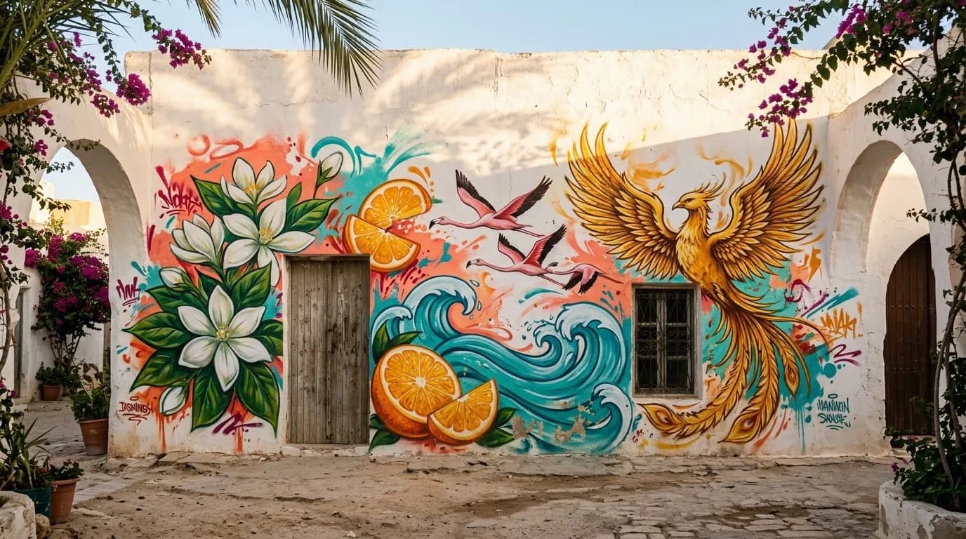 Fresque de street-art à Djerba : fleurs de jasmin, oranges, vagues, flamants roses et aigle phénix doré